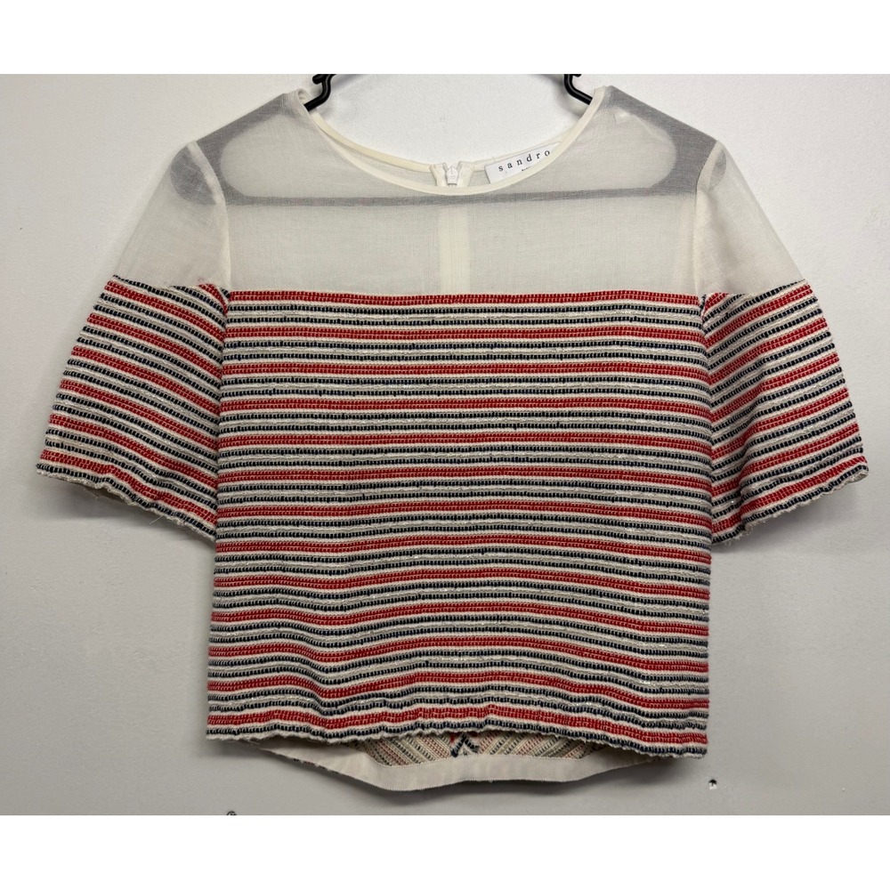 Sandro Paris Women Red Navy White Striped Mesh Yoke Crop Top E10789E-30 Size 1